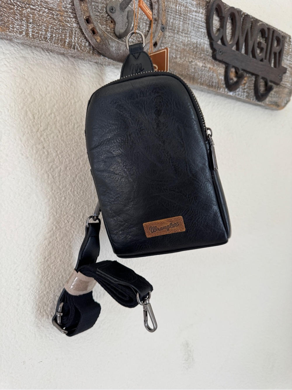 NWT Wrangler Black Faux-Leather Sling Belt Bag with Brown Logo Patch